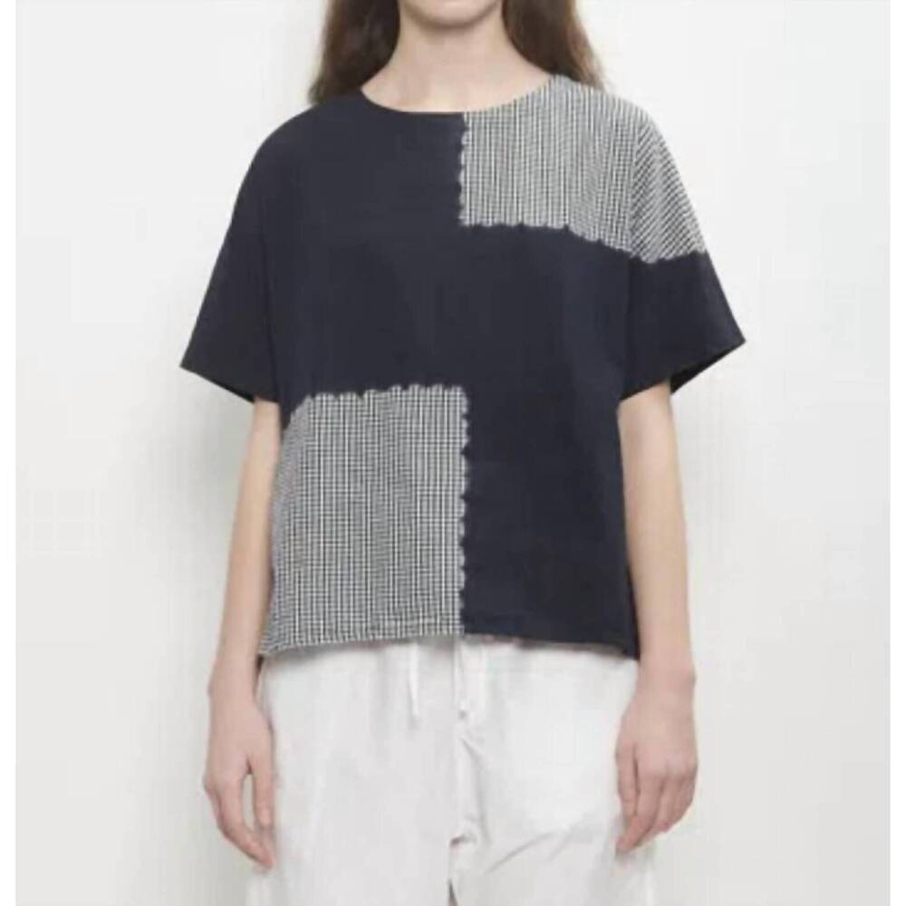 NEW SUZUSAN women's cotton gingham check woven t-shirt in black / black